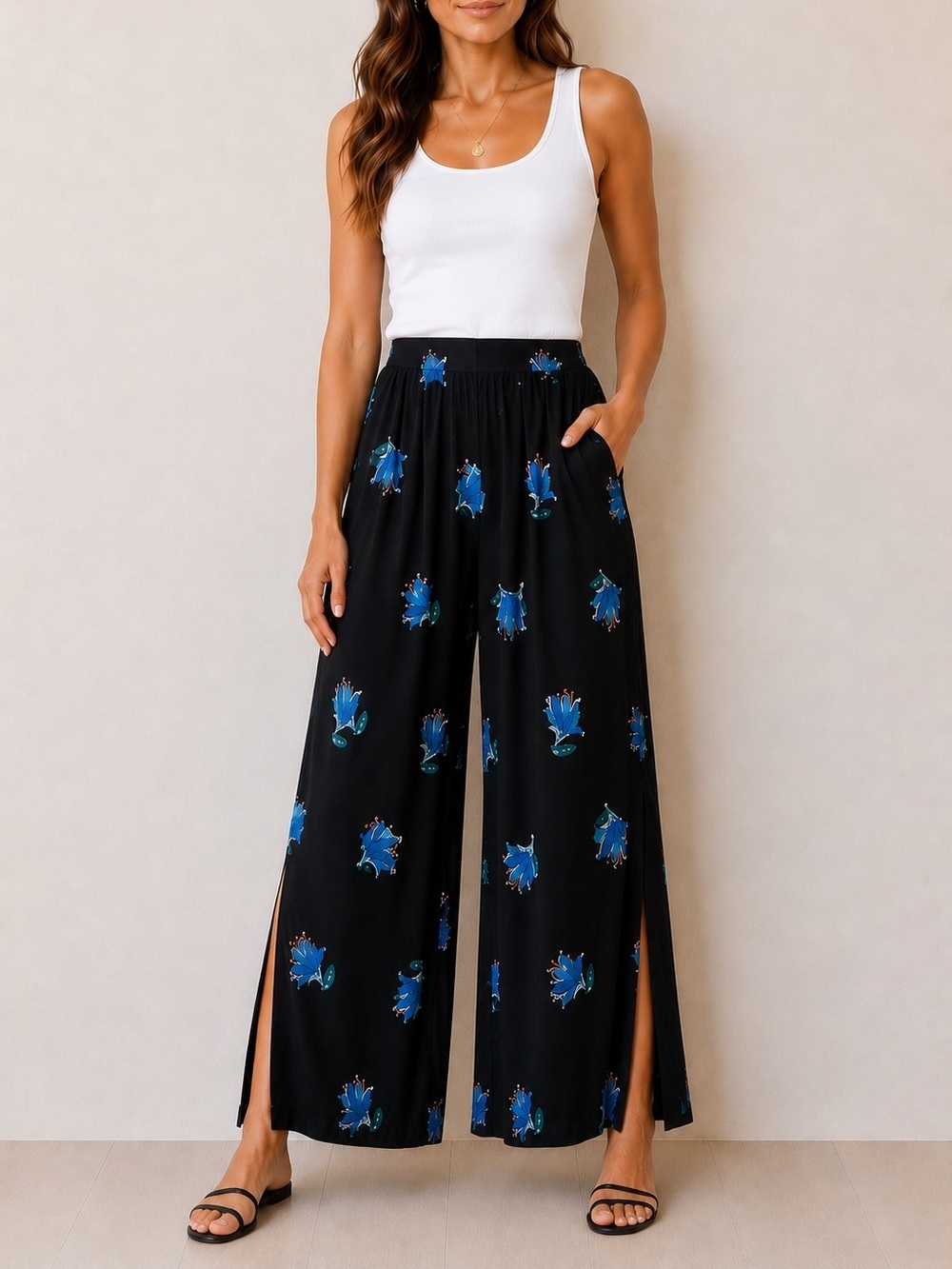 Free People Black Wide-Leg Floral Print Pants with Blue Accents